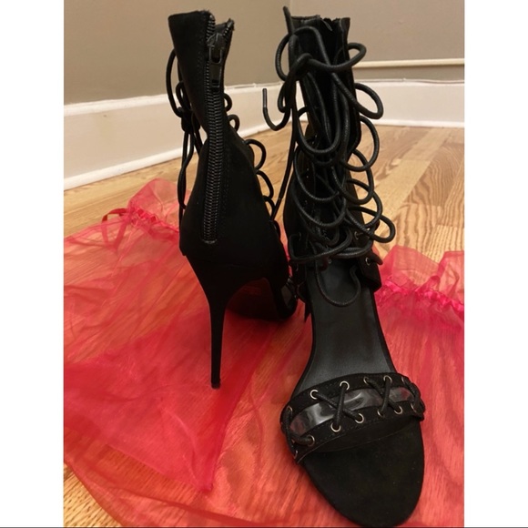 SOLD - LolaShoetique Black Lace Up Strappy Cage Heel Size 8 - Picture 5 of 5